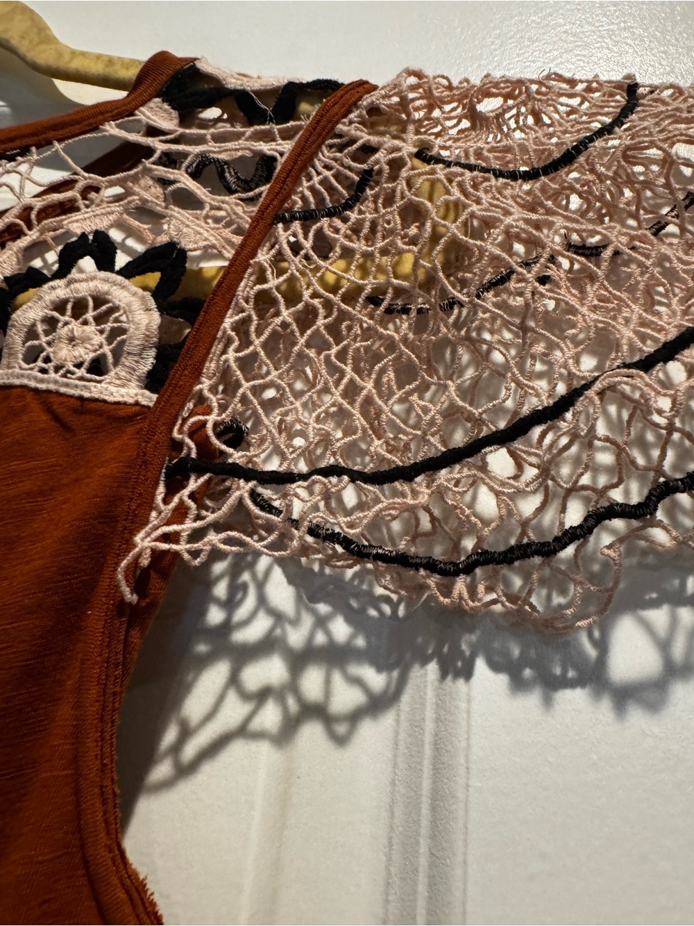 Anthropologie Medium Rust Crochet Lace Flutter Sleeve Top - Picture 6 of 11